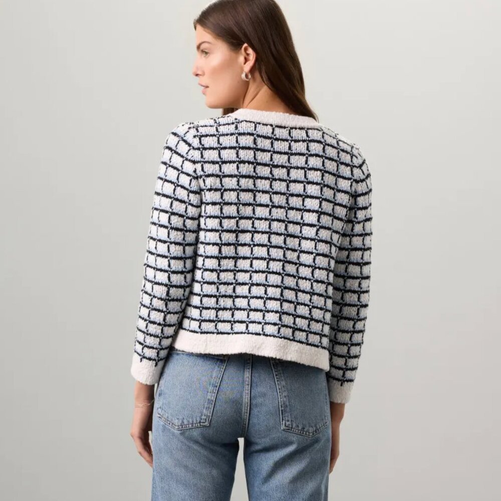 Veronica Beard Lavigne Check Knit Sweater Jacket in Blue & White Tweed Cardigan - Picture 3 of 9
